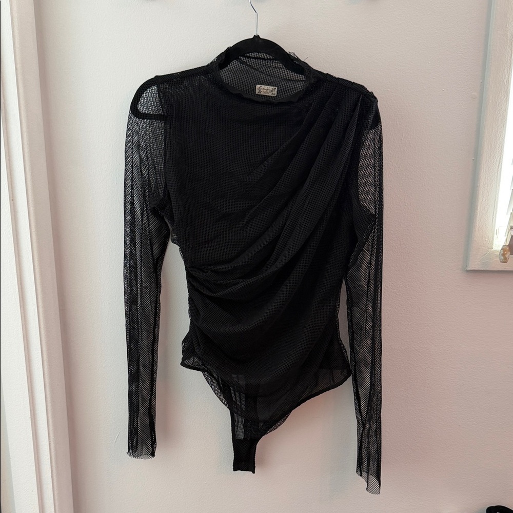 Free People Black Mesh Long Sleeve bodysuit